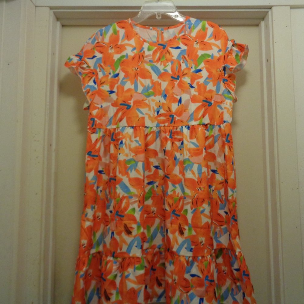 ORANGE TROPICS RUFFLES DRESS BY SHEIN L